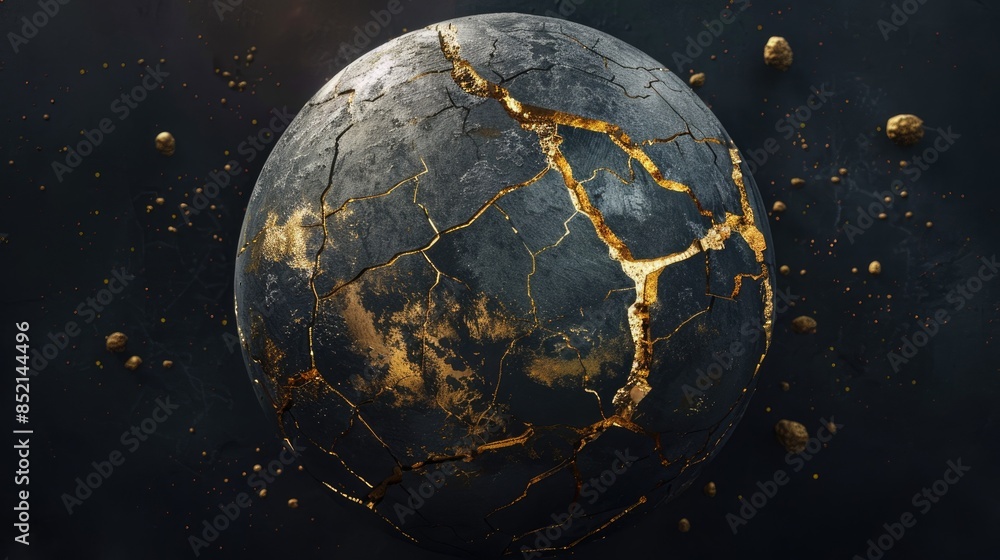 Aufkleber a dynamic 3d rendering showcases abstract art featuring a damaged spherical earth like planet moon o