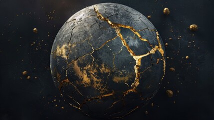 A dynamic 3D rendering showcases abstract art featuring a damaged spherical Earth like planet moon or asteroid with prominent cracks and organic rough textures on its surface adorned with g