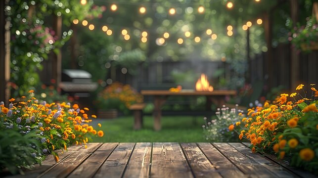 relaxing summer evening in a backyard garden with a grill BBQ, wooden table decorated with flowers, blurred background