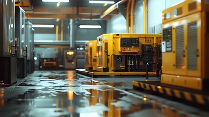 generator room with two diesel generators on standby in a factory for power backup