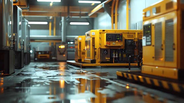 generator room with two diesel generators on standby in a factory for power backup
