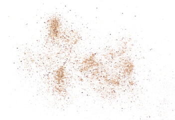 Minced black pepper, ground peppercorn pile flying isolated on white, macro