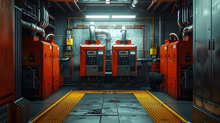 A factory generator room equipped with two diesel generators on standby for emergency use, ensuring reliable power supply.