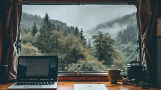 Cozy camper van interior with a laptop and coffee by the window. Modern nomadic lifestyle and travel comfort.
 Seamless looping 4k time-lapse virtual video animation background. Generated AI