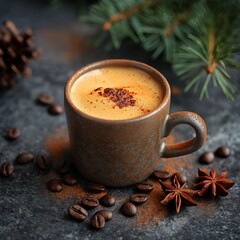 Cozy cup of coffee with spices and pine branches, perfect for holiday-themed designs and advertising.