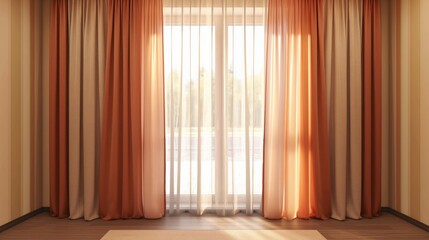 Sunlight streaming through orange and white curtains in a modern interior.