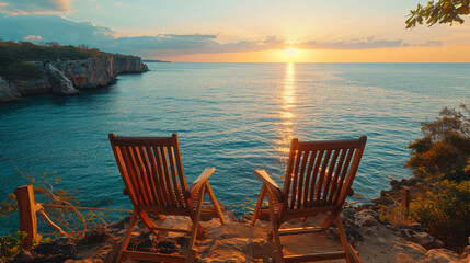 Fototapeta premium Two wooden chairs on a cliffside overlooking a serene ocean sunset, perfect for relaxation and contemplation