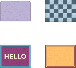 Assorted collection of colorful patterned mats set for cozy and modern home decor with geometric and checkered designs in purple. Yellow. And grey