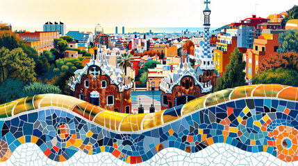 vector illustration of Park guell in Barcelona with a cityscape in the background, colorful mosaic tiles, cubism, isolated on a white background