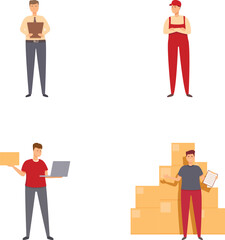 Obraz premium Illustration set showing delivery men with packages, a checklist, and a laptop