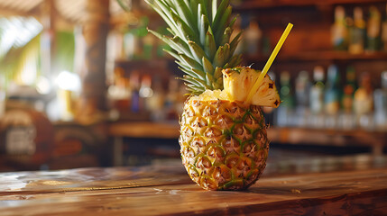 a tropical-themed beverage served in a hollowed-out pineapple, complete with a straw and garnished with pineapple leaves and a slice
