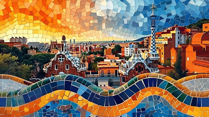 vector illustration of Park guell in Barcelona with a cityscape in the background, colorful mosaic tiles, cubism, isolated on a white background