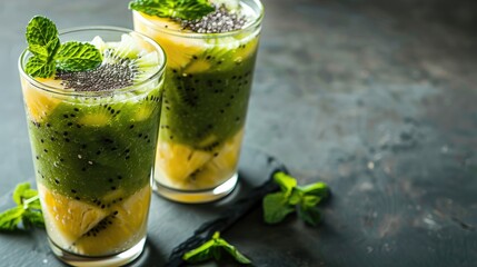Fototapeta premium Layered smoothie made with kiwi pineapple chia seeds and mint on a dark background with space for text