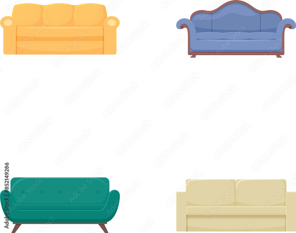 Poster collection of four flat design sofa icons in various styles and colors on a white background