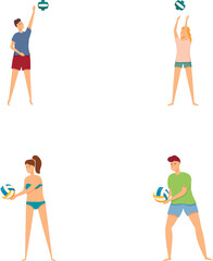 Set of cartoon characters playing beach volleyball, isolated on a white background