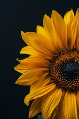 Obraz premium flower Photography, Helianthus annuus, copy space on right, Close up view, Isolated on black Background