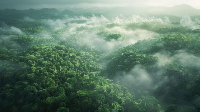 Behold the breathtaking aerial vista of a dense emerald forest shrouded in ethereal misty clouds This lush ecosystem embodies the essence of rainforest conservation and the rejuvenating bea