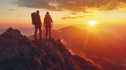 Obraz premium Hikers Witnessing a Stunning Mountain Sunset