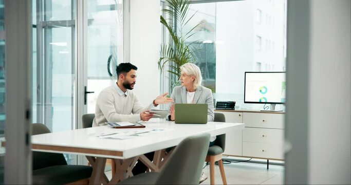 Team, business people and mentor on laptop for planning, training or brainstorming ideas. Tablet, collaboration or finance manager in discussion for data analysis, statistics or information in office