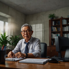 A Asian Senior Businessman Working in His Office.