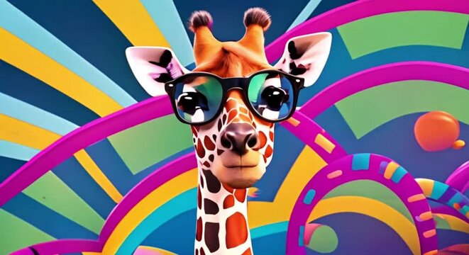 a giraffe with sunglasses on a colorful background