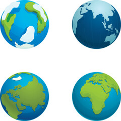 Collection of four stylized vector illustrations of earth showcasing different continents