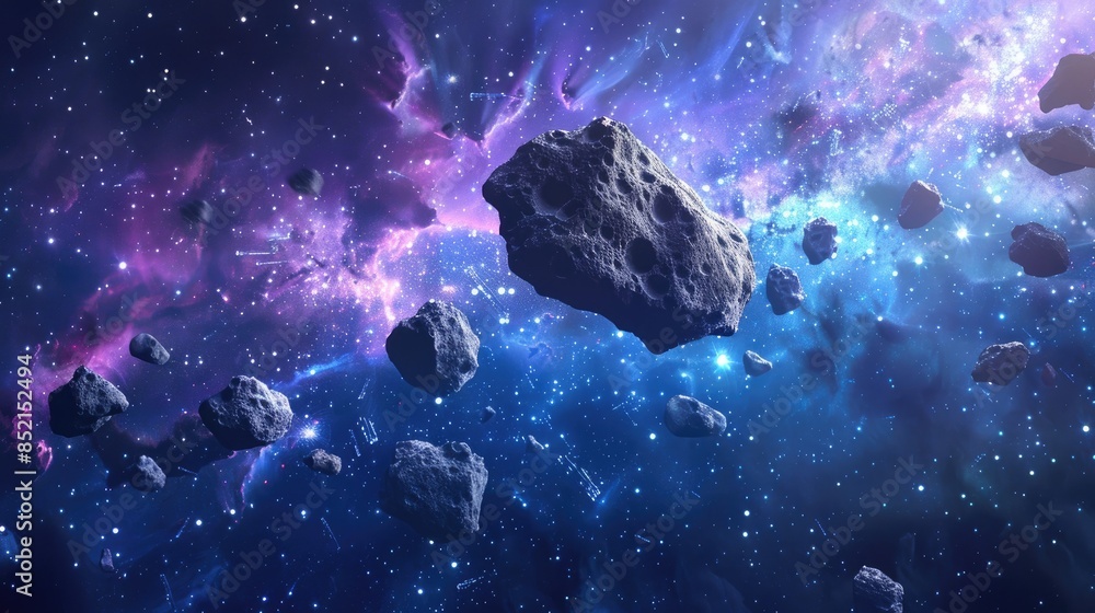 Poster explore the mesmerizing world of asteroids and meteorites drifting through space nebulae in this hig