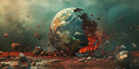 The surface of the planet is covered with giant cracks and fissures. The sky is dark and filled with debris. The planet is in the process of being destroyed.