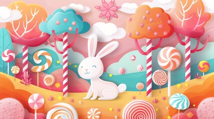 Whimsical digital painting of a rabbit in a candy land