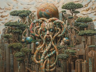 Fototapeta premium Surreal Futuristic Cityscape with Abstract Tree Sculpture and Organic Elements