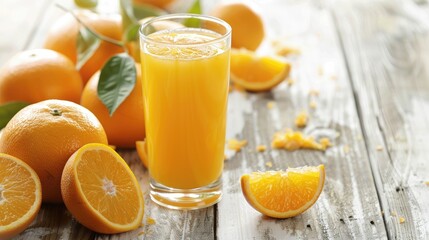 Freshly squeezed juice made from ripe juicy oranges displayed on a white wooden table Room for text