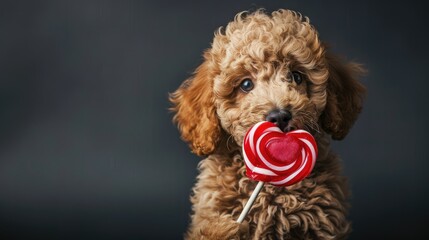 Cute poodle puppy enjoys heart shaped lollipop on dark backdrop