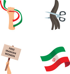 Set of icons representing the fight for iranian women's rights, including cut hair