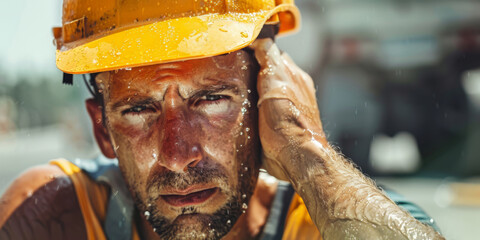 close up of road worker suffering from summer heat in city during hard working day