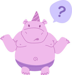 Adorable purple cartoon hippo wearing a party hat, looking confused with a question mark floating above. Kids flat vector illustration.