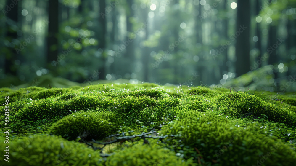 Poster green moss and background. backdrop for displaying products. dark forest background