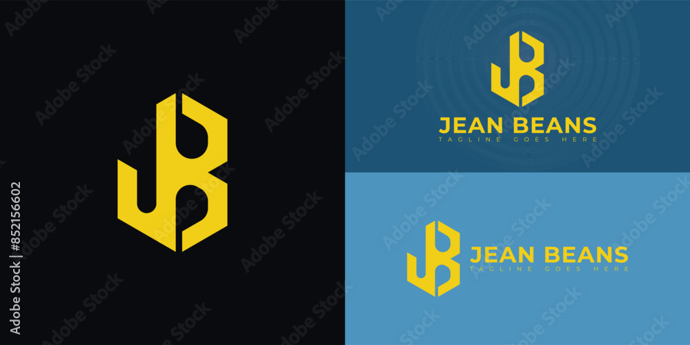 Poster abstract initial hexagon letters jb or bj logo in yellow color isolated on multiple background color
