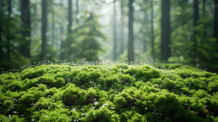 Green moss and background. Backdrop for displaying products. Dark forest background