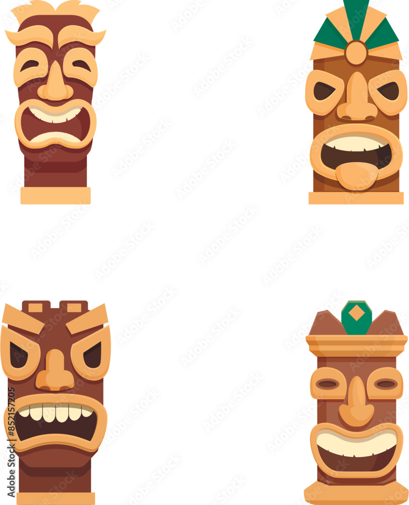 Poster collection of four stylized vector icons representing tribal tiki masks with different expressions