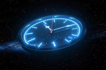 A blue glowing clock floats in space against a dark background