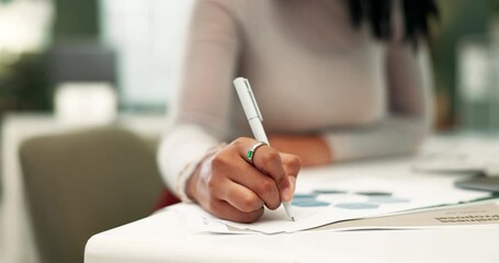 Woman, pen and strategy document in office, writing and planning for business or graphic design or creative agency. Employee, company and project notes with designer, logo and branding startup