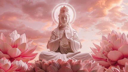 Radiant White and Gold Guanyin Bodhisattva Sitting in Sacred Tranquility