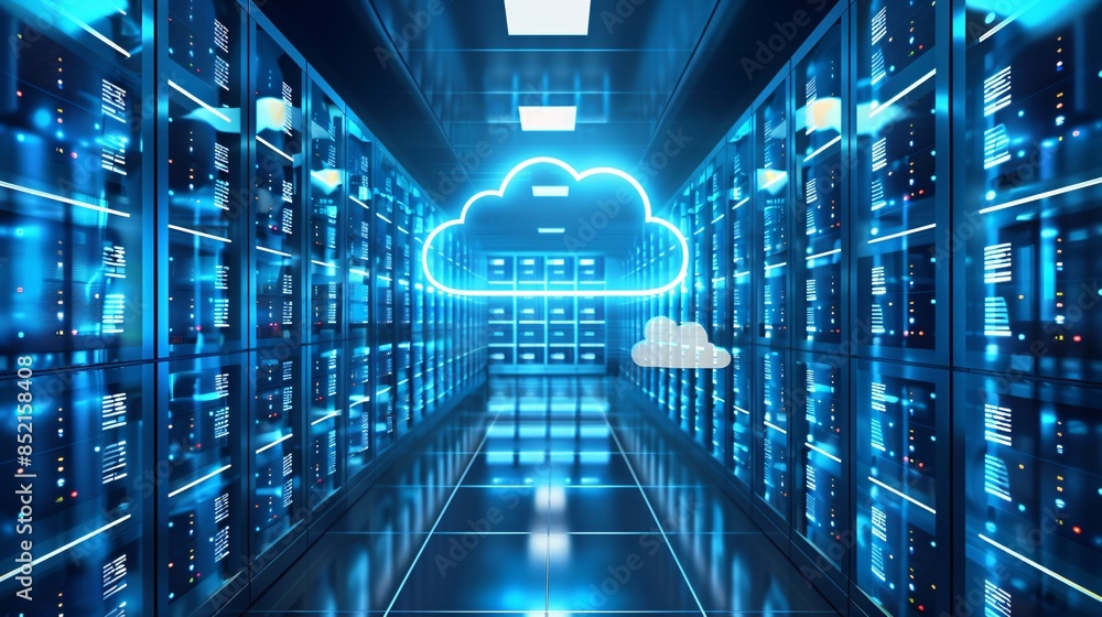Poster server room with cloud computing symbol