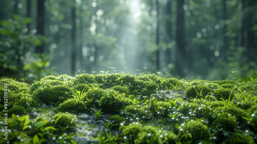 Poster green moss and background. backdrop for displaying products. dark forest background