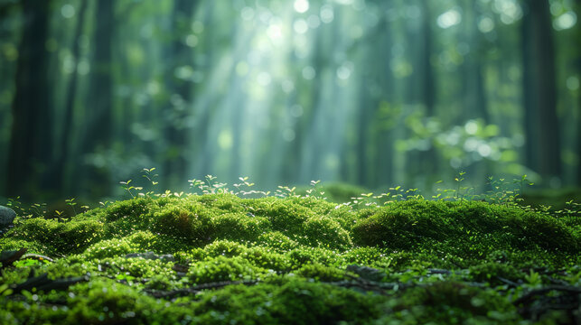 Green moss and background. Backdrop for displaying products. Dark forest background