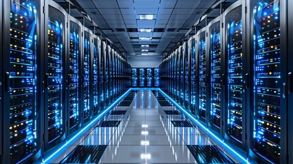 Obraz premium Data Center Corridor with Server Racks. High Internet Visualisation Projection, server technology datum network, web security
