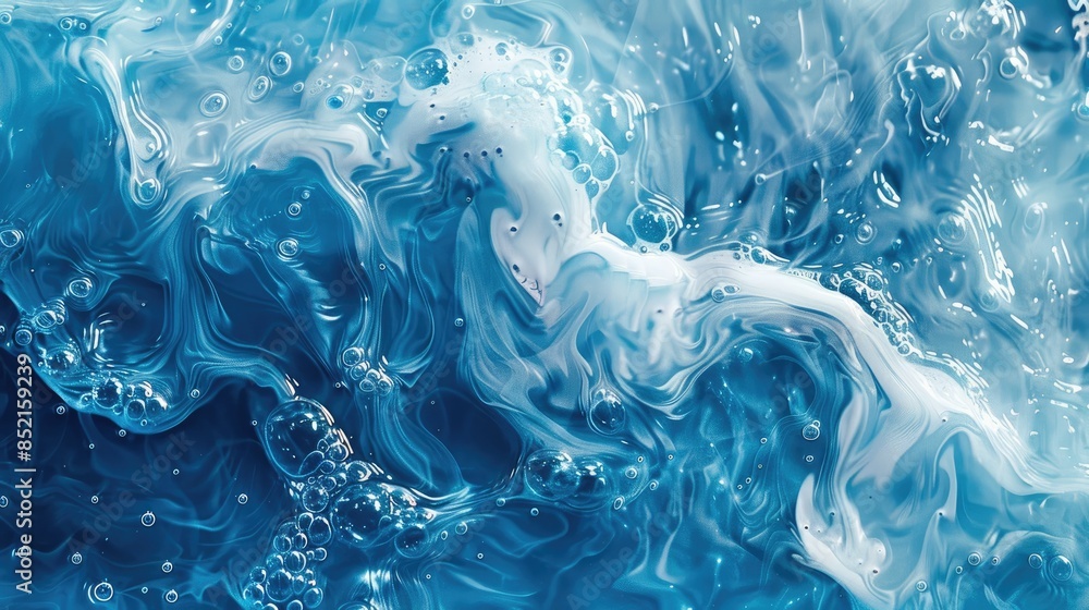 Poster a mesmerizing blend of transparent blue water dances with ripples splashes and bubbles creating an a