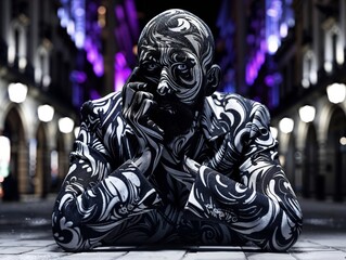Man with Ornate Body Art in Vibrant Urban Night Setting
