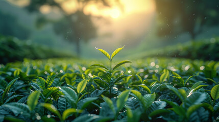 Green tea plantation at sunrise time,nature background
