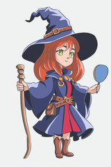 Teenage witch in a blue cloak, hat, with a staff and a mirror isolated on a white background.